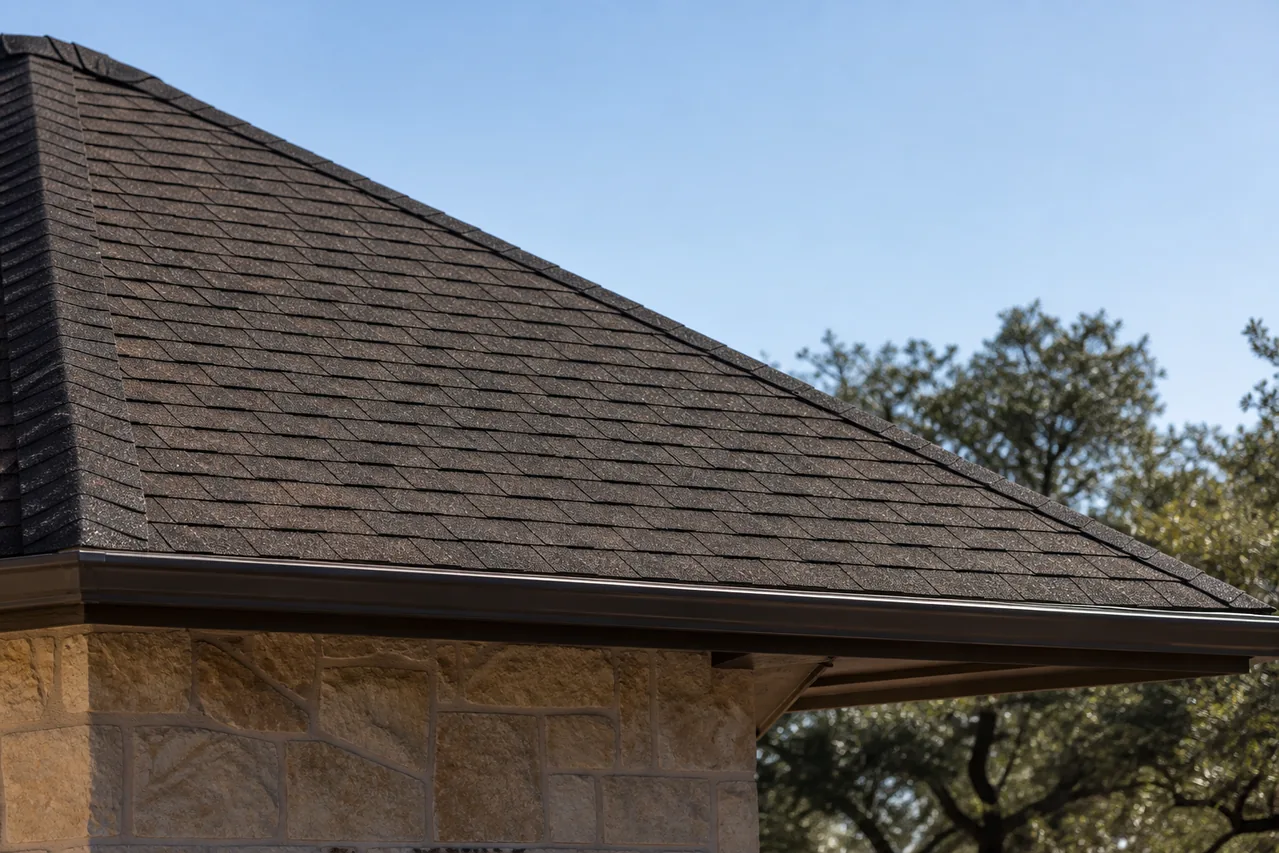 Weathered architectural asphalt shingles on a Central Texas home