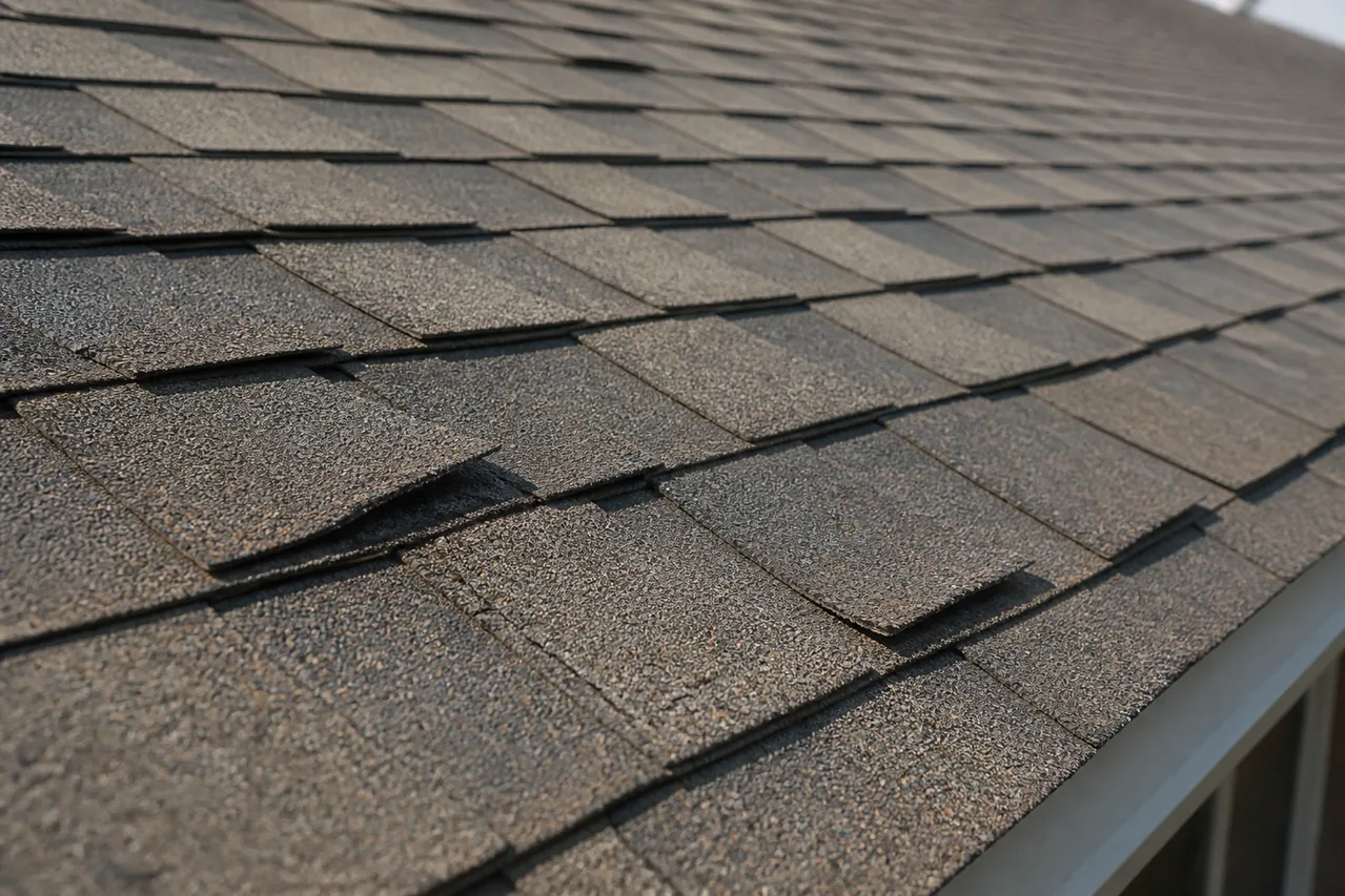 Close view of older asphalt shingles with several moderately lifted and curled edges