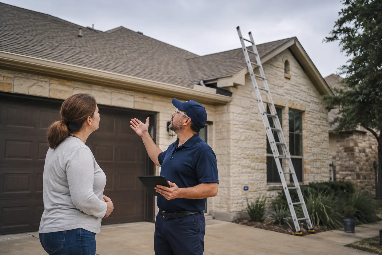 Homeowner and roof professional discussing roof observations from the ground